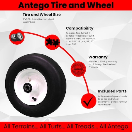 Antego Tire & Wheel Single 13x5.00-6 Assemblies - Replacement for Toro/Exmark Lazer Z Part 1-633582 A6325660110804135006