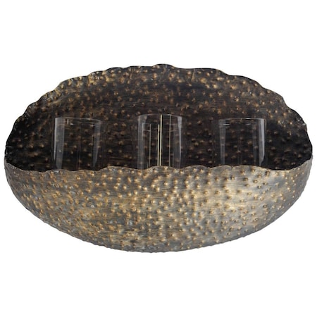 Homeroots 12" Bronze Distressed Hammered Glass And Metal Hurricane Candle Holder 608541