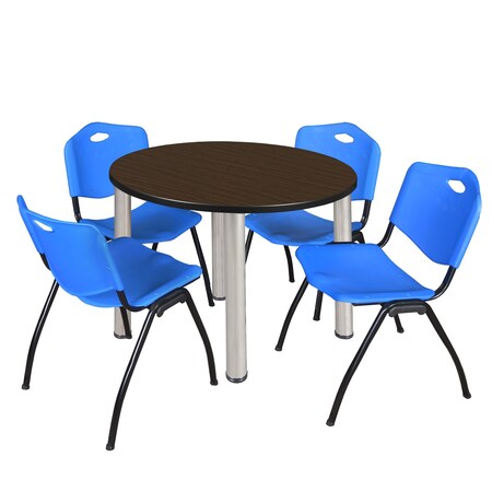 Regency Round Kee Breakroom Table W/ 4 M Stack Chairs, 36 in W, 36 in L, Neo Walnut TB36RNDNWBPCM47BE