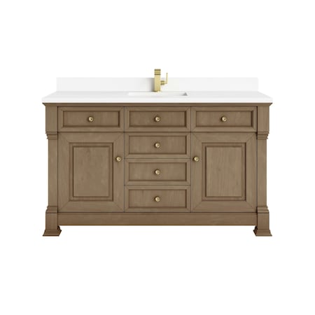 James Martin Vanities Brookfield 60 in. Single Vanity, Pecan w/ Single Hole 3CM White Zeus Silestone Top & Backsplash 547-V60S-PCN-1WZ