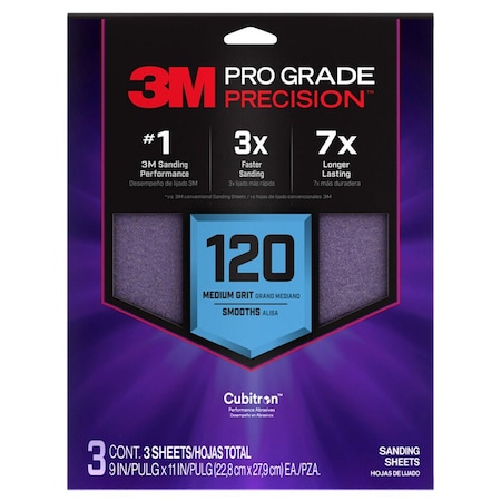 3M 9in x 11in SHR120-PGP-3T Pro Grade Precision Faster Sanding, Sanding Sheets, 120-Grit Medium, 21989
