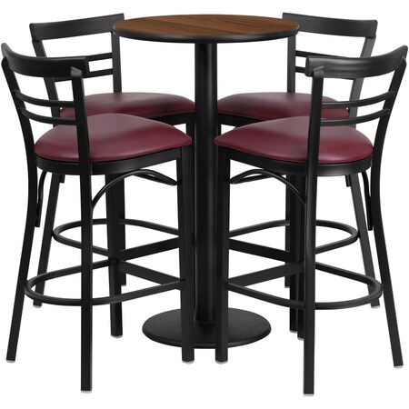 Flash Furniture Round Wlnut Bar Tble, Rnd Base w/Burg Seats, 24", Laminate Top, Wood Grain RSRB1040-GG