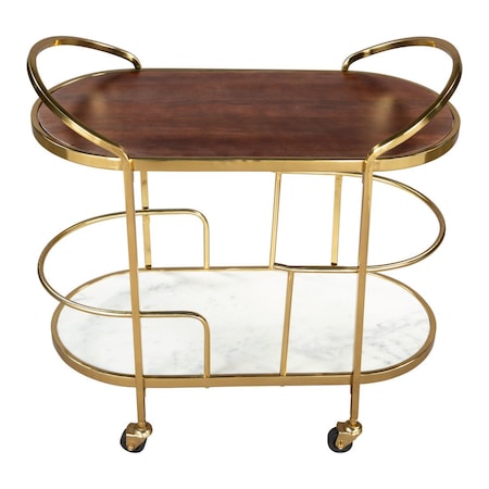 Homeroots 32in Brown Gold And White Iron Solid Wood and Marble Oval Rolling Bar Cart 668800