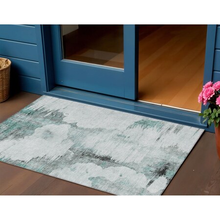 Homeroots 3' X 5' Teal Blue Silver And Gray Abstract Washable Indoor Outdoor Area Rug 582686