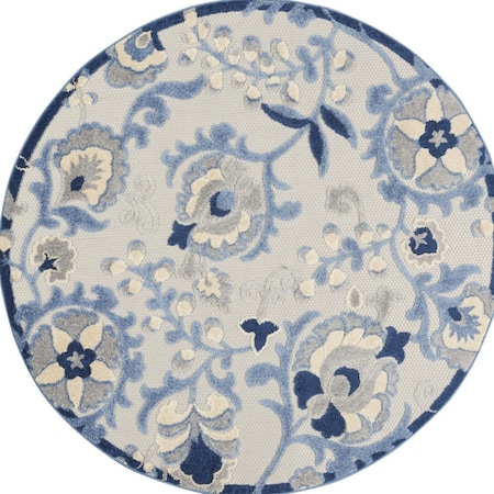 Homeroots 4' Blue And Gray Round Floral Indoor Outdoor Area Rug 546639