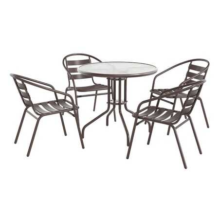 Flash Furniture Lila 31.5in Round Glass Top Metal Table with 4 Bronze Aluminum Slat Stack Chairs TLH-072RD-017CBZ4-GG