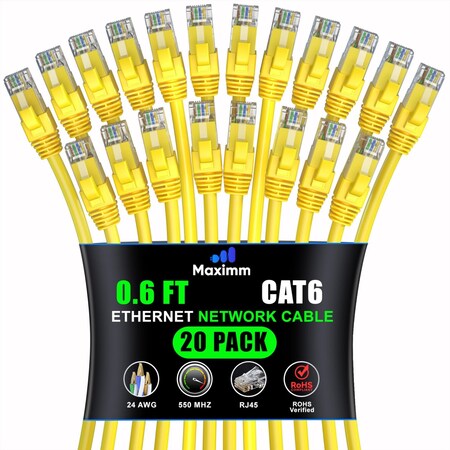 Maximm Cat6 Ethernet Cable 0.6ft 10Gbps 550MHz UTP, 20PK, Yellow, 20PK CAT6CCA-0.6YL-20PK