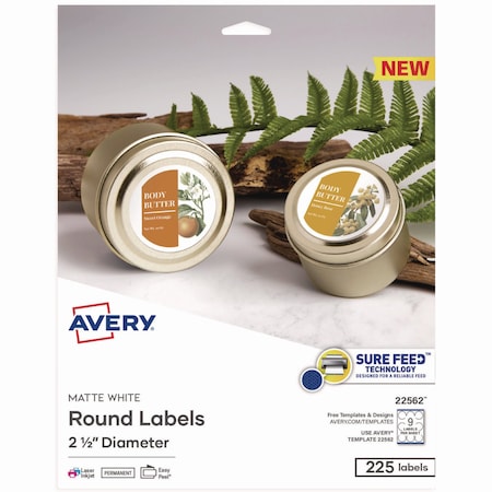 Avery Laser/Inkjet Media Labels, Inkjet/Laser Printers, 2.5in dia, Matte White, 225PK 22562