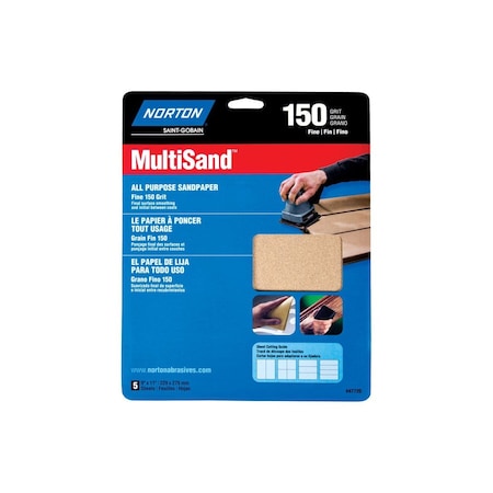 Norton MultiSand 076607 Sanding Sheet, 11 in L, 9 in W, Fine, 150 Grit, Aluminum Oxide Abrasive, 5PK 07660747720
