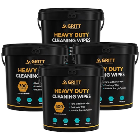 Gritt Commercial Heavy-Duty Multi-Surface Hand & Tool Wet Cleaning Wipes, 300 Count Bucket, 4PK GRI6-300-4