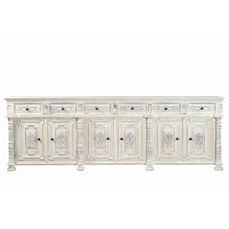 Homeroots 118" White Distressed Solid Wood Carved Floral Six Drawer Sideboard with Six Doors 642288