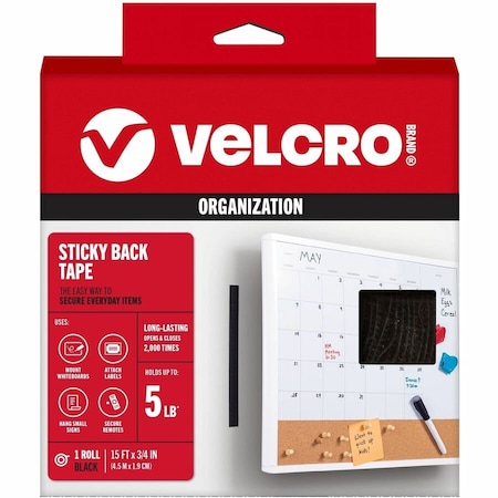 Velcro Brand Reclosable Fastener, Rubber Adhesive, 15 ft, 3/4 in W, Black 90081