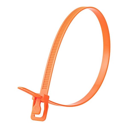 Retyz Reusable Cable Ties, 8 in L, 55 mm Max Bundle Dia., Fluorescent Orange, Nylon 6/6, 120 lb Strength WKT-S08FO-TA