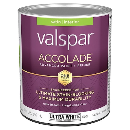 Valspar 1 Qt 12002 Ultra White Base Accolade Interior Paint & Primer, Satin 11004