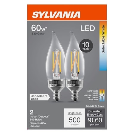 Sylvania LED Bulb, 5CCT Selectable, B10 Lamp, 60 W Equivalent, E12 Candelabra Lamp Base, Dimmable, Clear 42597