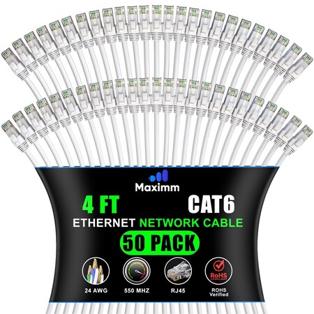 Maximm Cat6 Ethernet Cable 4ft 10Gbps 550MHz UTP, 50PK, White, 50PK WH50PK06