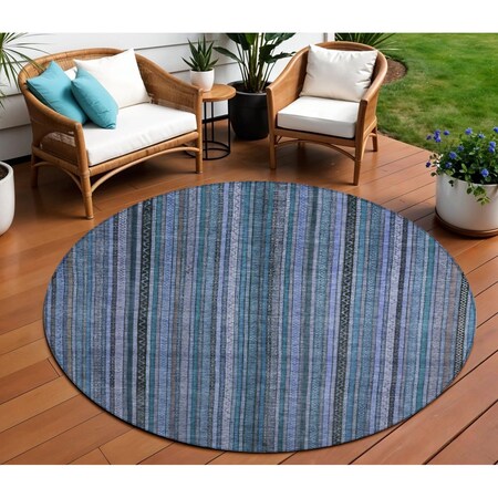 Homeroots 8' Blue Gray And Sky Blue Round Striped Washable Indoor Outdoor Area Rug 616366