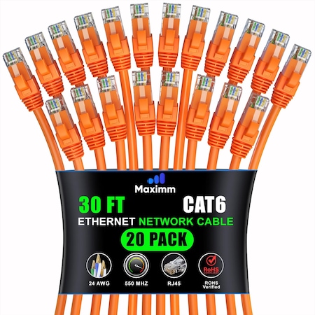 Maximm Cat6 Ethernet Cable 30ft 10Gbps 550MHz UTP, 20PK, Orange, 20PK CAT6CCA-30OR-20PK