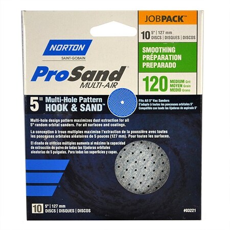 Norton Co 5" Norton 03221 ProSand Multi-Hole Hook & Sand Center Hole Vacuum Discs, 120-Grit, Medium, 10-Pack 03219