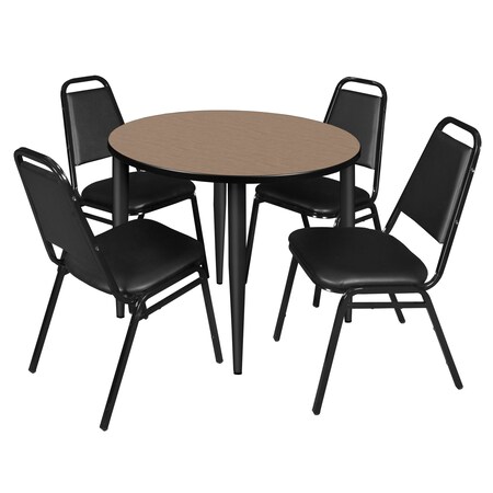 Regency Round Kahlo Breakroom Table W/ 4 Restaurant Stack Chairs, 42 in W, 42 in L, Noble Oak TPL42RNDNOBK29BK
