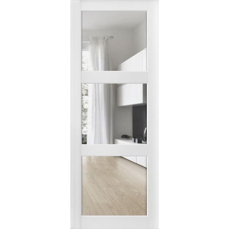Sartodoors Slab Barn Door Panel Clear Glass 3 Lites, Lucia 2555 White Silk, Sturdy Finished Doors, Pocket Cl LUCIA2555S-WS-3084