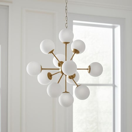Homeroots Gold Sputnik Eleven Light Frosted Metal and Glass Dimmable Chandelier With White Shades 611357