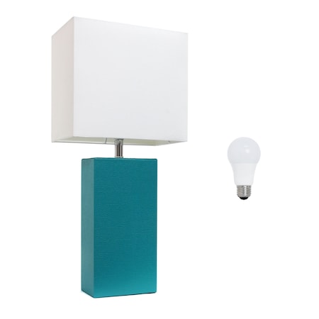 Homeroots 21" Teal Blue Faux Leather Table Lamp LED With White Shade 643031