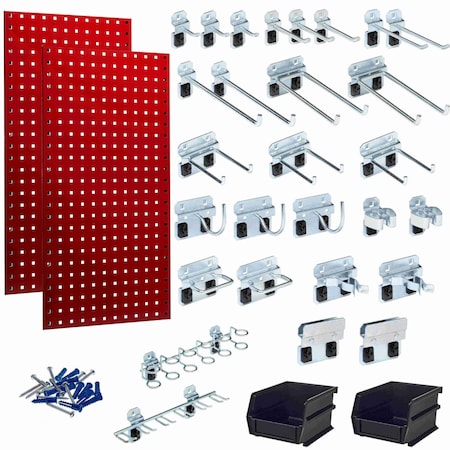 Triton Products 30 pc LocHook Assortment & Hanging Bin System W/ (2) 18" W x 36" H Red Steel Square Hole Pegboards LB18-RKit