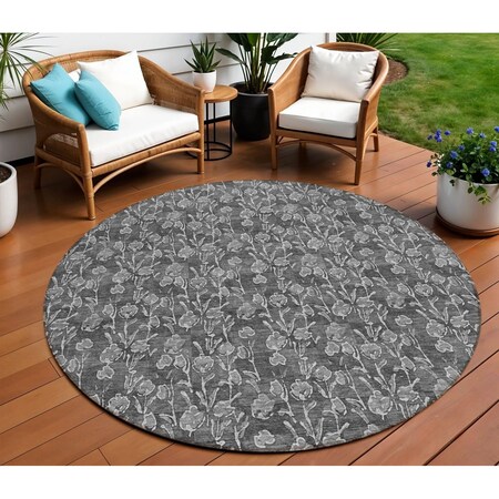 Homeroots 8' Gray Charcoal And Silver Round Floral Washable Indoor Outdoor Area Rug 581896