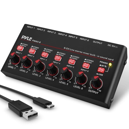 Pyle 6-Channel Bluetooth Mini Line Mixer with USB Audio Interface - 6 Mono/Stereo Switching Inputs PMAX6