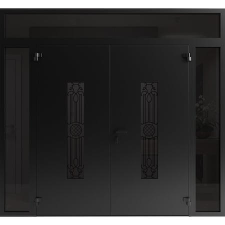 Vdomdoors Front Exterior Prehung Aluminum Double Doors Ronex1477 Black Enamel 2 Sidelights and Top Transom RONEX1477DEXD-BLK-W12+72+12xH96+14-LH-I