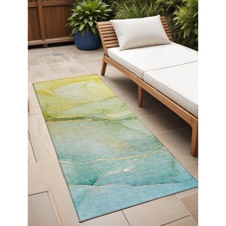 Homeroots 8' Runner Green Abstract Washable Non Skid Indoor Outdoor Runner Rug 559803