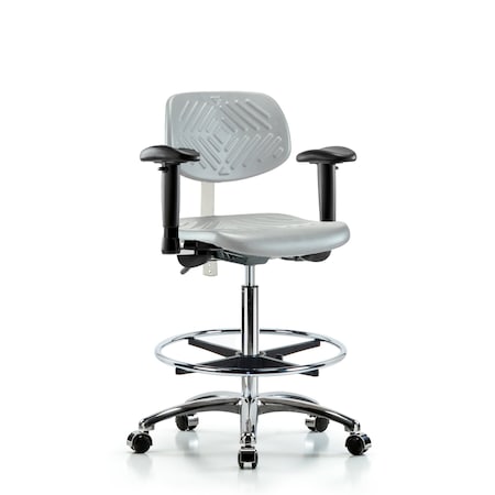 Blue Ridge Ergonomics CL100CleanRoom Chair-High Bench Height with Adj Arms, Chrome Foot Ring, & Casters in Gray Poly NCR-PHBCH-CR-T0-A1-CF-CC-GRY