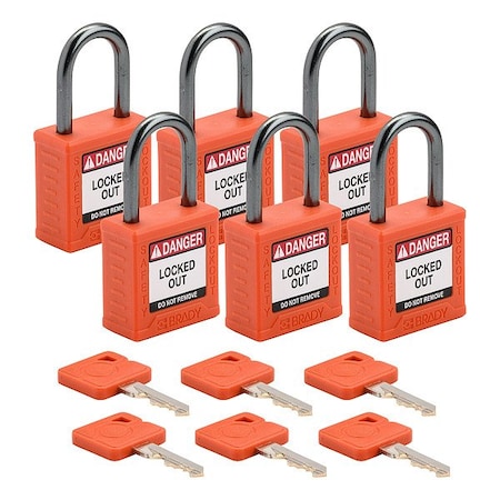 Brady Lockout Padlock, Keyed Alike, Nylon, Orange, 1 in Shackle Height, 1 3/16 in Body Width, 6 PK CPPL-ORG-25AL-KA6