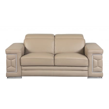 Homeroots 71in Beige And Silver Genuine Leather Love Seat 329719