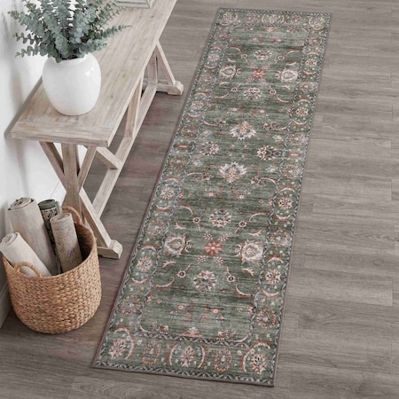 Jonathan Y Arabella Vintage Floral Border Non-Slip Machine-Washable Green/Brown 2 ft. x 8 ft. Runner Rug VOR107H-28