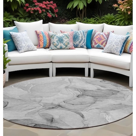Homeroots 8' Round Gray Round Abstract Washable Non Skid Indoor Outdoor Area Rug 559501