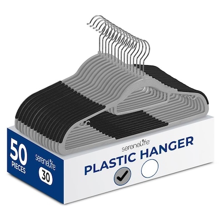 Serenelife Grey Plastic Clothes Hangers with Rubber Pads, Durable, Non-Slip, 360 degrees Swivel Metal, 50PK SLHRBGY50
