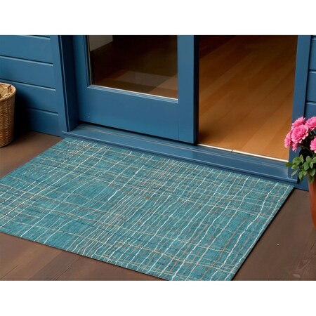 Homeroots 3' X 5' Teal Blue Gray And Brown Striped Washable Indoor Outdoor Area Rug 597433