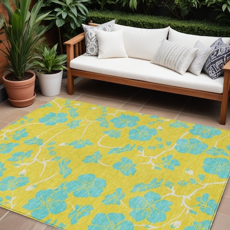 Homeroots 9' X 12' Yellow And Aqua Floral Washable Indoor Outdoor Area Rug 600058