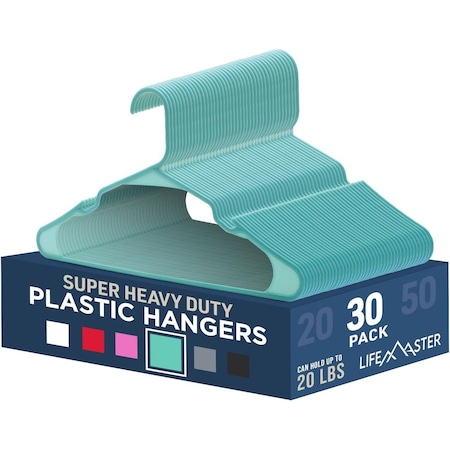 Lifemaster Heavy-Duty Plastic Hangers, Non-Slip, Space-Saving, Holds 5 lbs, Aqua, 30PK LMPLCAQA30