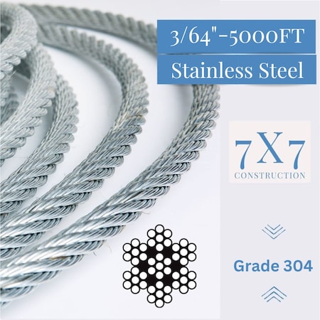 Laureola Industries 3/64 in. 7x7 Stainless Steel Aircraft Wire Rope 304 Grade, 5000 ft ZAG364-SS304-77-5000
