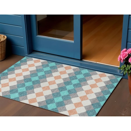 Homeroots 3' X 5' Teal Blue Gray And Copper Geometric Washable Indoor Outdoor Area Rug 597926