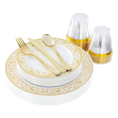 Elama 150 Piece Disposable Plastic Dinnerware Party Set for 25 Guests in White with Gold Decal Trim 750123350M