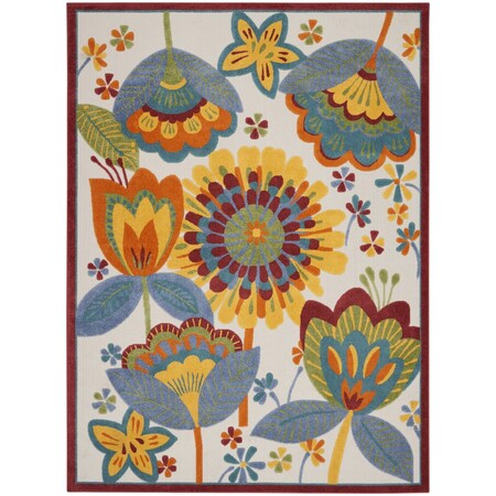 Homeroots 7' X 10' Ivory Blue Orange Red And Yellow Floral Indoor Outdoor Area Rug 546846