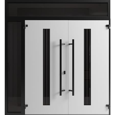 Vdomdoors Front Exterior Prehung Aluminum Double Doors Ronex1055 Teak Mirrored Clear Glass 1 Sidelight and RONEX1055DEXD-OAK-W72+14xH80+12-LH-O