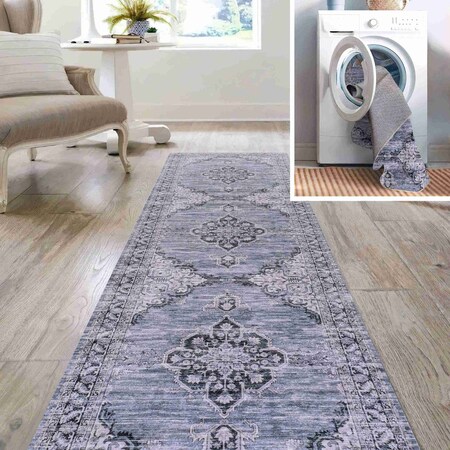 Jonathan Y Wincer Chenille Cottage Medallion Non-Slip Machine-Washable Navy/Gray/Black 2 ft. x 8 ft. Runner Rug WSH202A-28