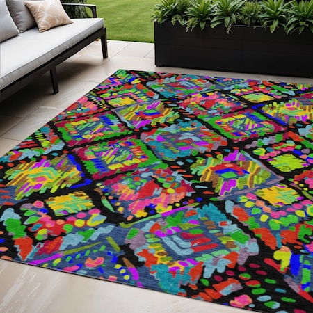 Homeroots 5' X 8' Black Yellow And Green Geometric Washable Indoor Outdoor Area Rug 609125