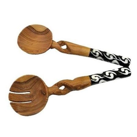 Jedando Handicrafts Olive Wood Salad Serving Set with Twisted Handles- 11 in. KWF009T