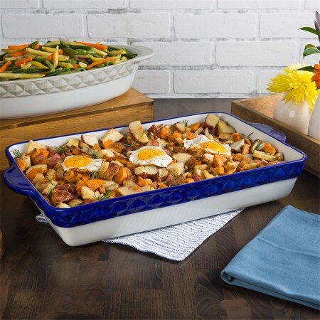 Tuxton China Tuxton  6 qt. Porcelain White Embossed Rectangular Casserole - Cobalt Band EAC-201